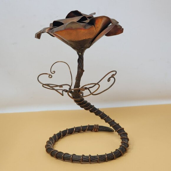 Vintage Handcrafted Antique Copper Finish Metal Rose Sculpture Art Piece - Picture 3 of 10
